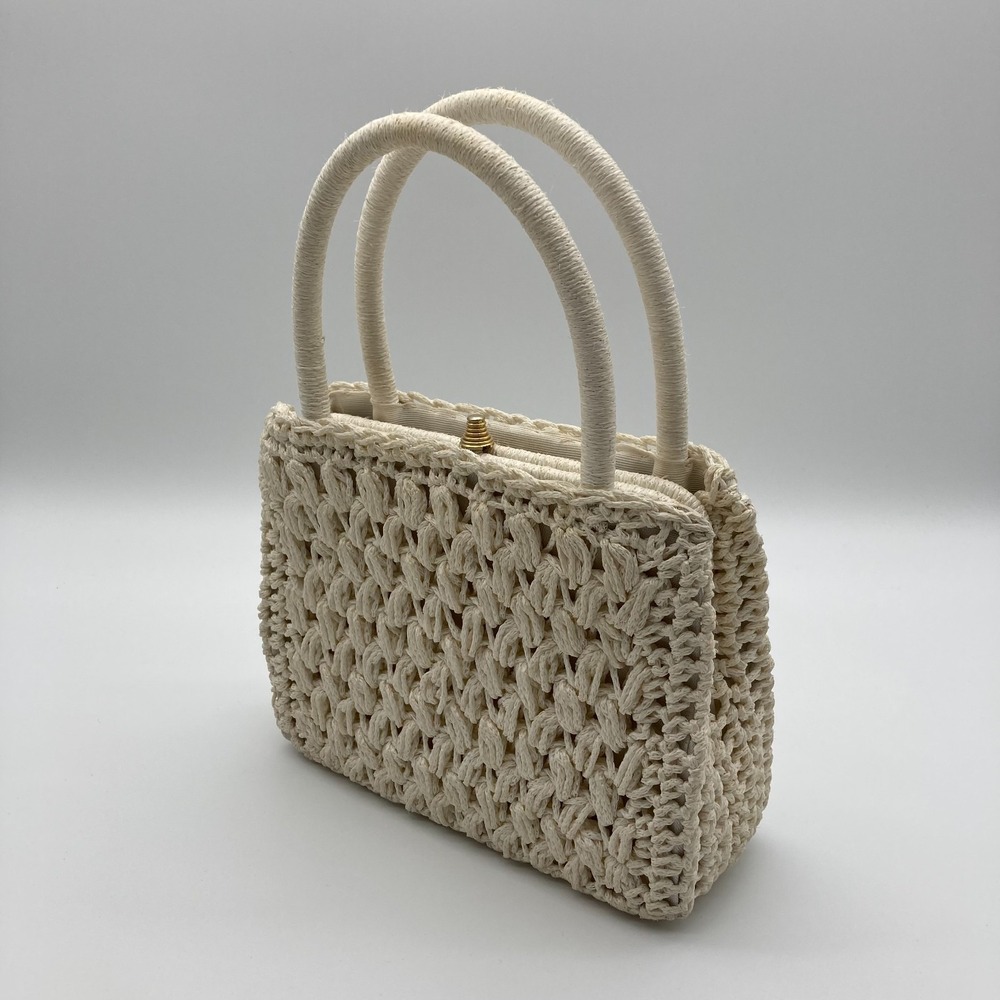 Vintage 1970s Italian-Made Crocheted Off-White Handbag Boho - Picture 9 of 9